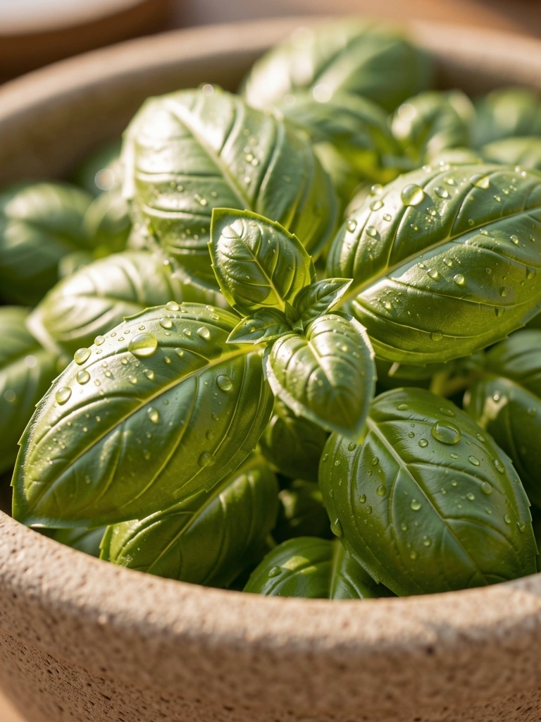 Texture de basilic frais illustrant la vitalité et la fraîcheur des produits